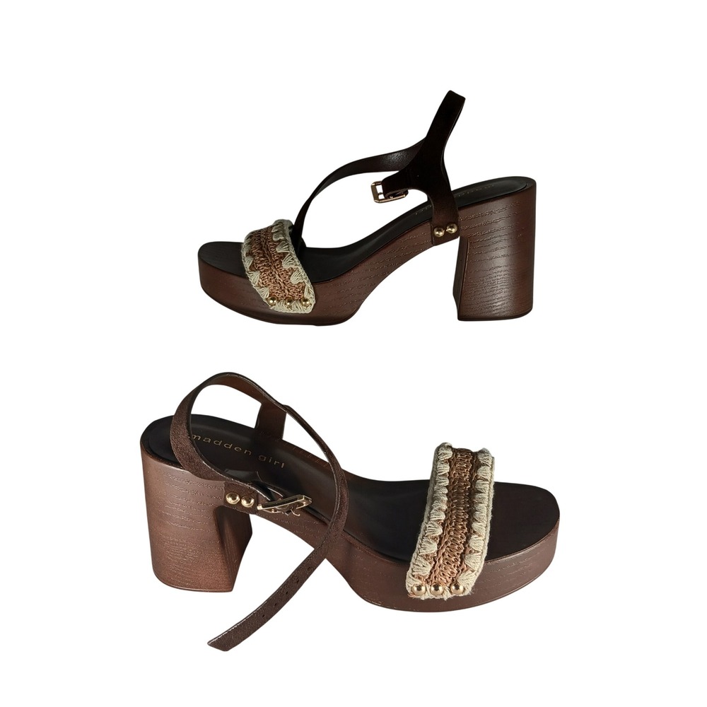 Madden Girl Leona Platform Sandals 7.5 Brown Crochet Boho Block Heel X652